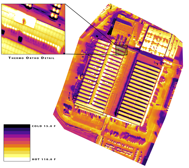 A false-colour aerial thermal mosaic of a large industrial building complex viewed from directly overhead, rendered in a black-through-purple-to-yellow palette in which roof surfaces and parking areas appear as bright and dark bands. An enlarged detail view of one roof section is inset at the upper left, and a vertical colour key at the lower left runs from cold 15 degrees Fahrenheit at the top to hot 110 degrees Fahrenheit at the bottom.